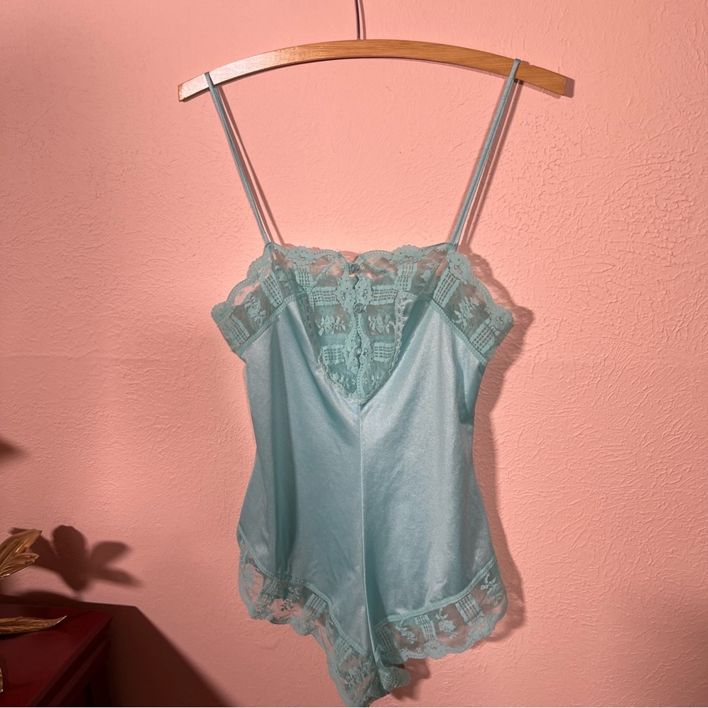 Vintage 40 50 Formfit Retro Blue Satin Lace Teddy Lingerie Romper fairycore Slip - Picture 11 of 17